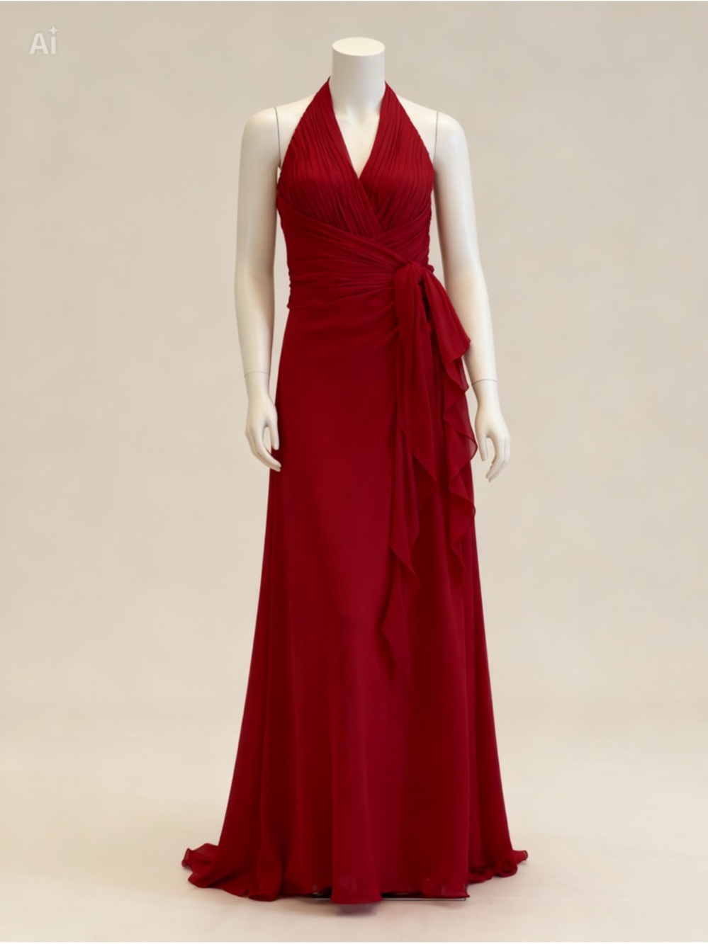 David's Bridal Red Halter Gown with Side Ruffle